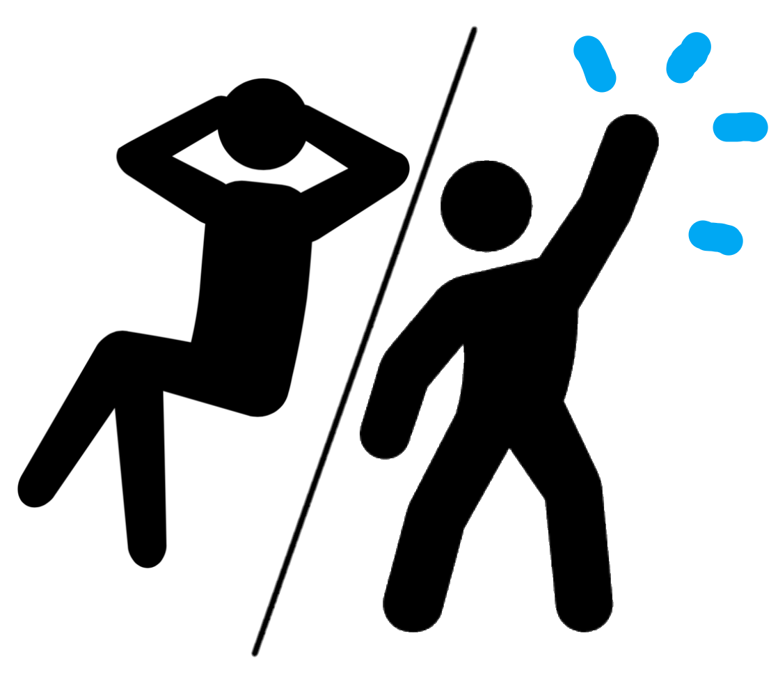 A picture of a black stickman in a laidback pose, and another black stickman in an energetic pose to the right of it. There's a slash in the middle, depicting that it means both.