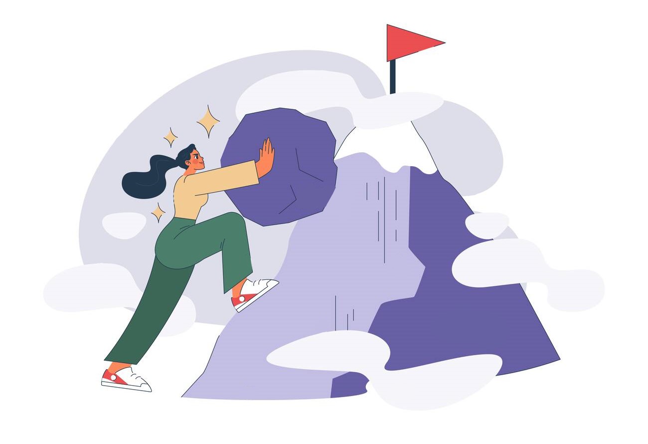 A picture of a woman pushing a bolder up a mountain, where her goal flag is at the peak. This represents determination.