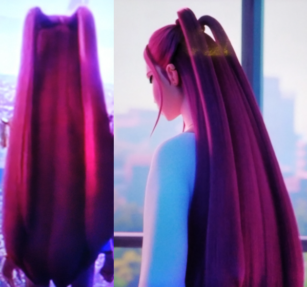 A picture of long pink hair with two sections in ponytails at the top.