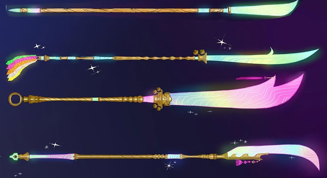 A picture of 4 similar long staffs with neon blades at the top.