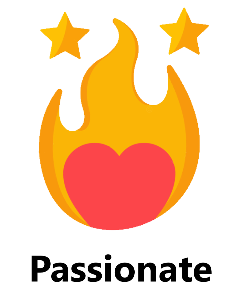 A heart engulfed in fire, and the word, Passionate, is underneath it.