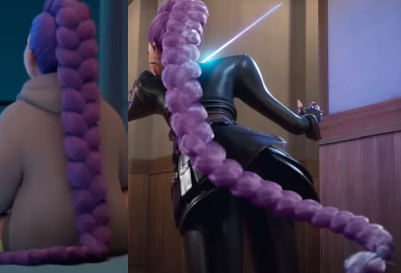 A picture of a long purple dragon braid.