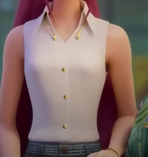A picture of someone wearing a white vest-like top and blue pants.