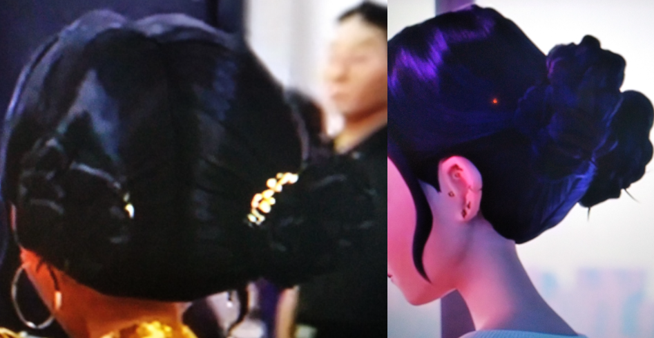 A picture of black hair in two braided buns in the lower back of the hairstyle.