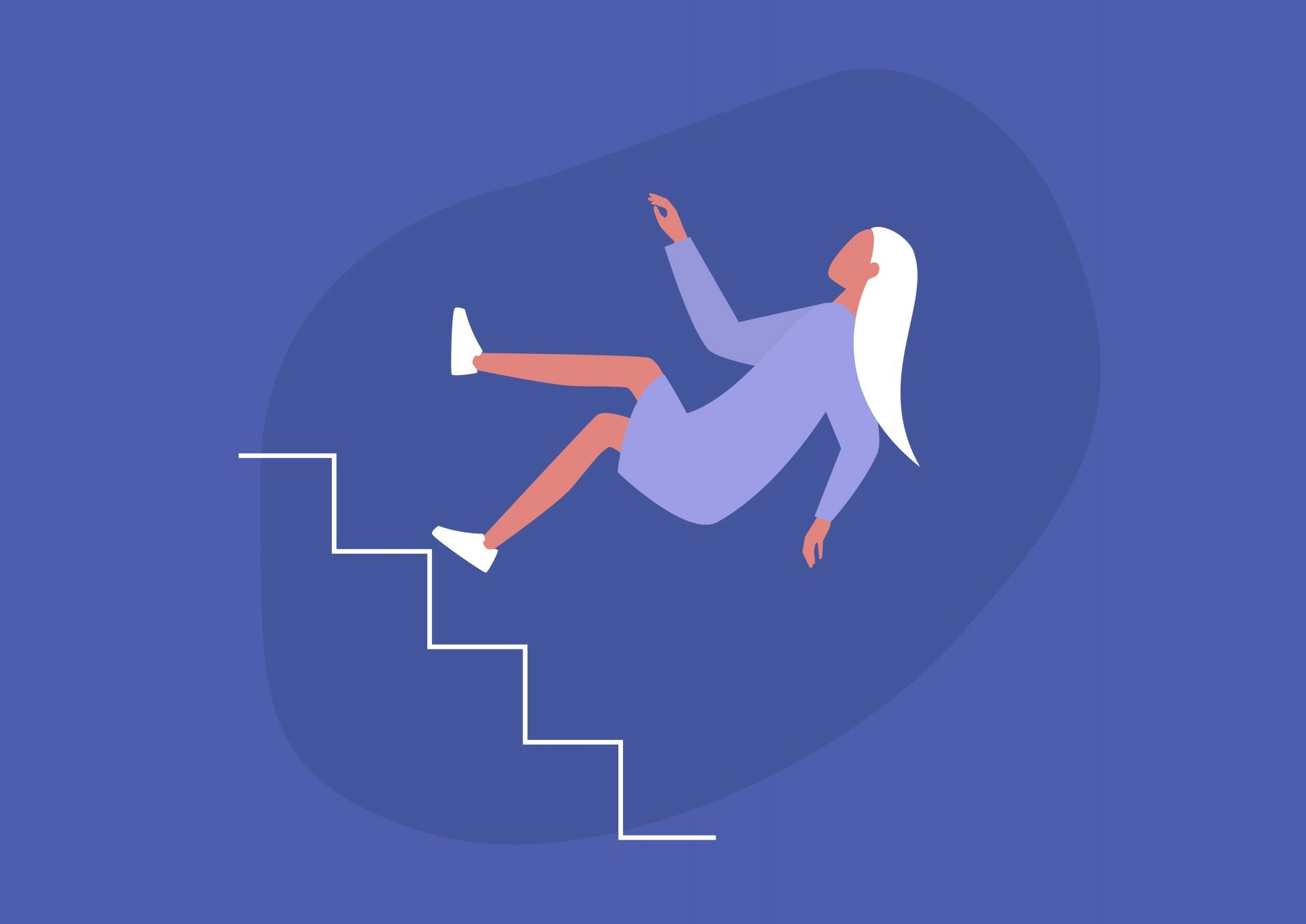 A drawing of a woman falling back down a staircase, depicting losing control.
